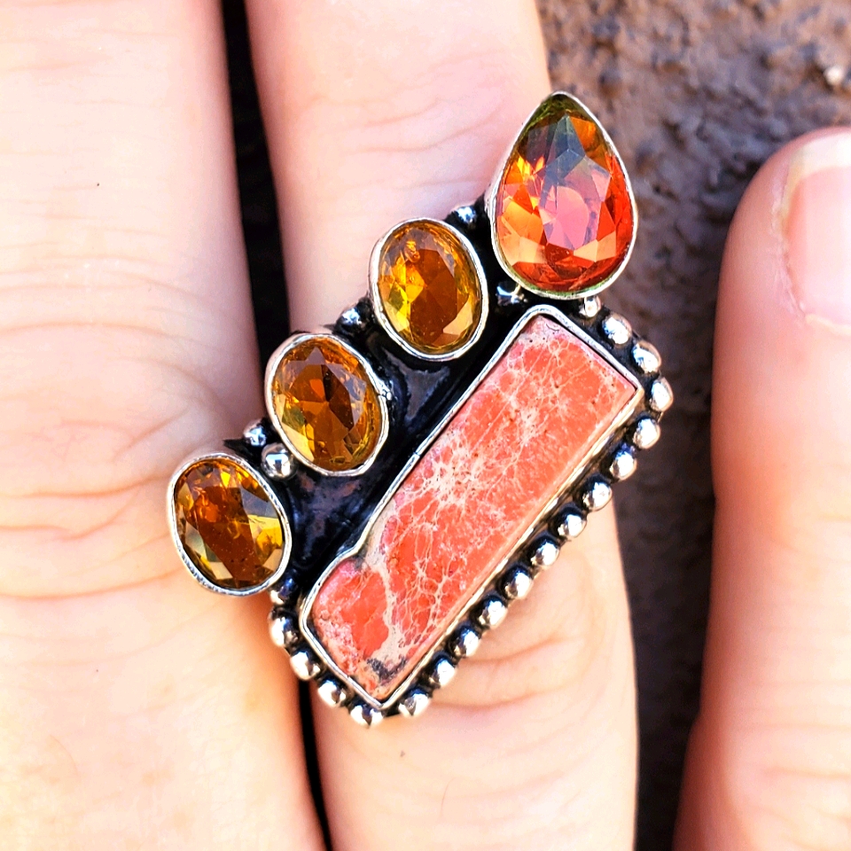 New Sea Sediment, Citrine, Tourmaline 925 Silver Ring.